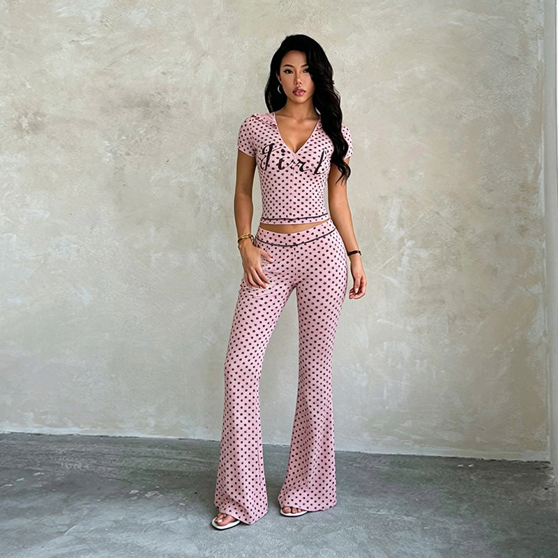 Polka Dot Short-Sleeve Zip-Up Pants Set for Summer Casual