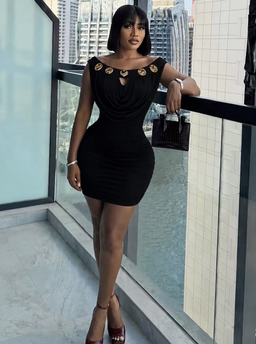 Off-Shoulder Metal Buckle Bodycon Dress for Evening Parties