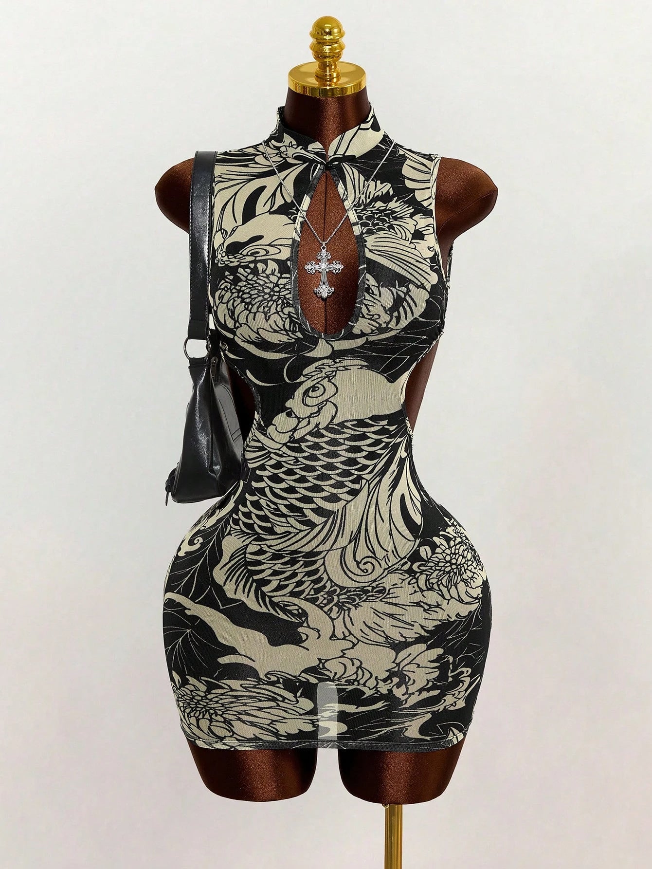 Mesh See-Through Sleeveless Backless Hollow-Out Bodycon Dress for Clubwear