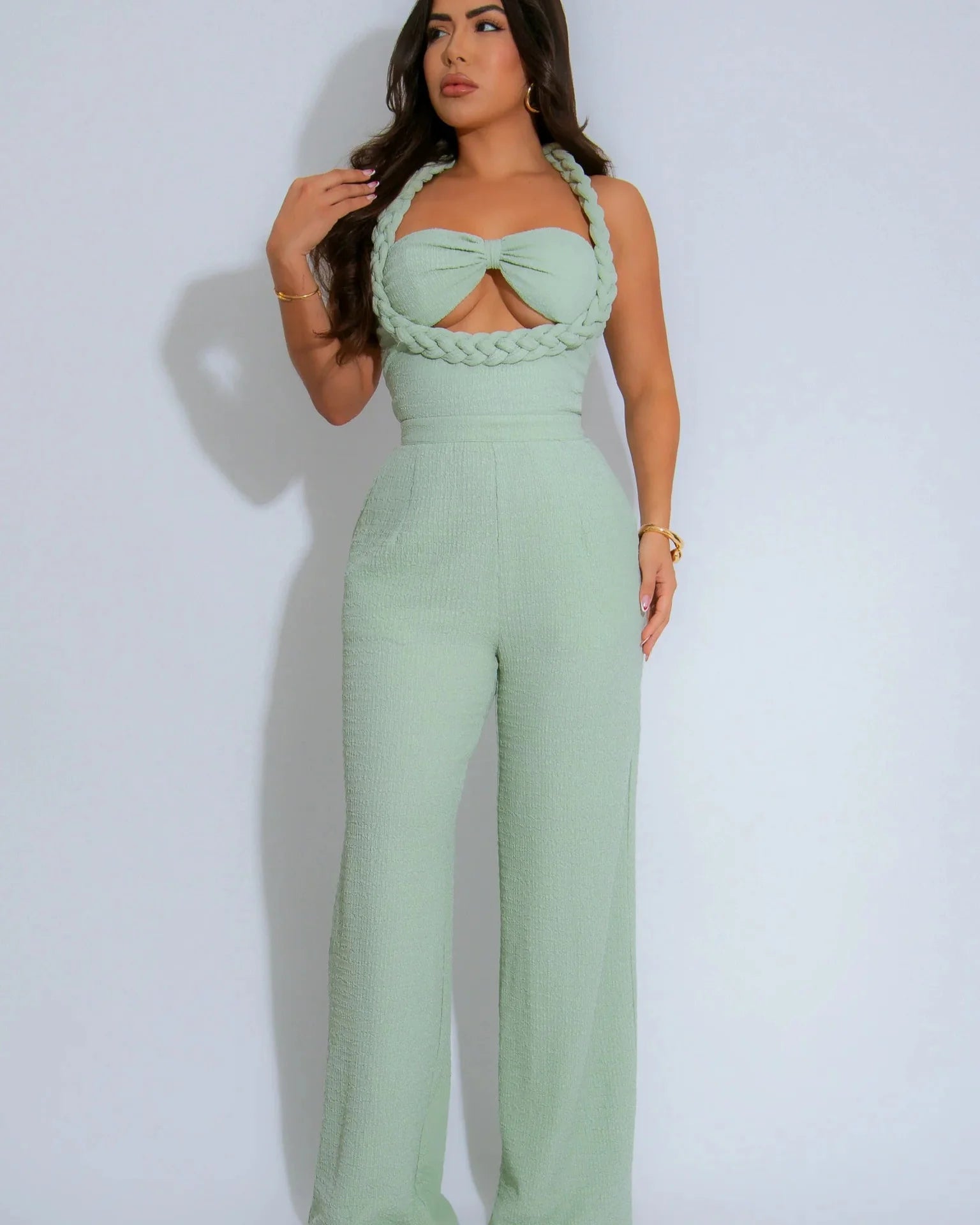 Luxe Braided Halter Jumpsuit Green