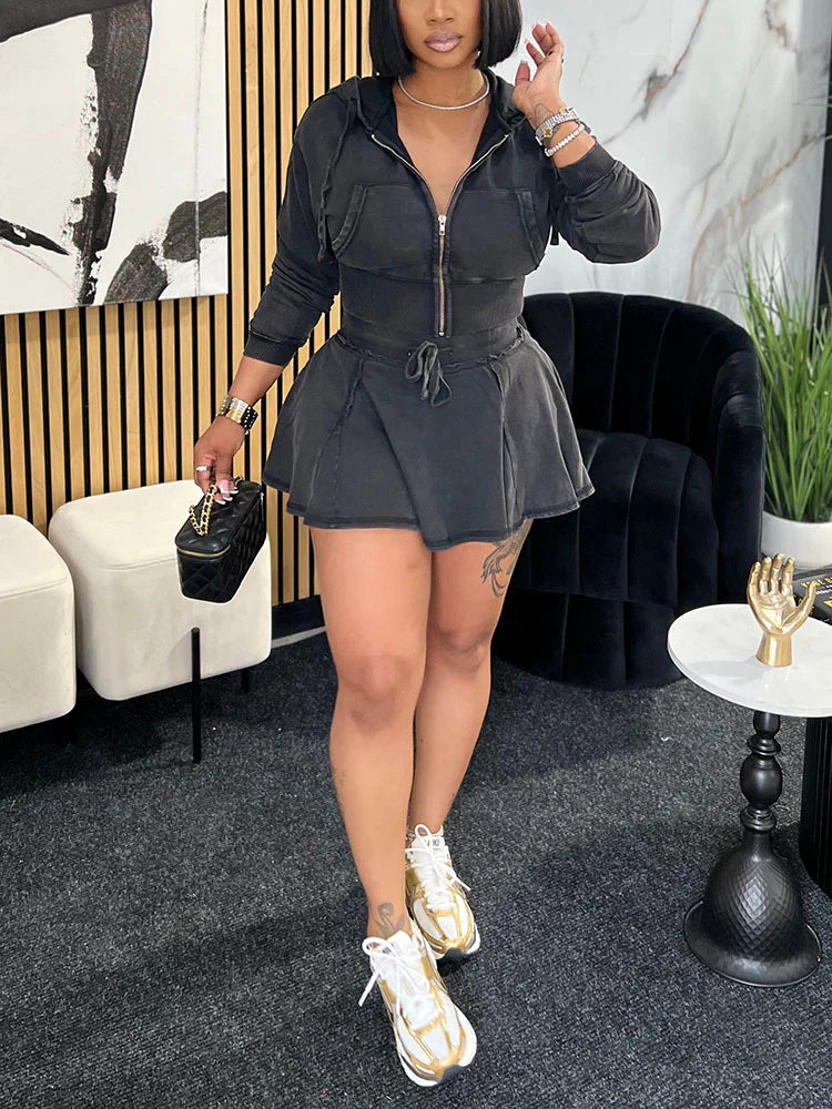 Washed Denim Cropped Jacket And Mini Skirt Set