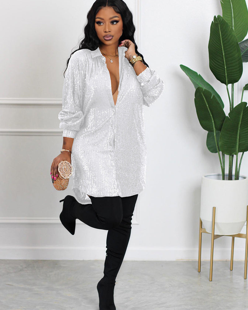 Night Queen Sequin Shirt Dress White