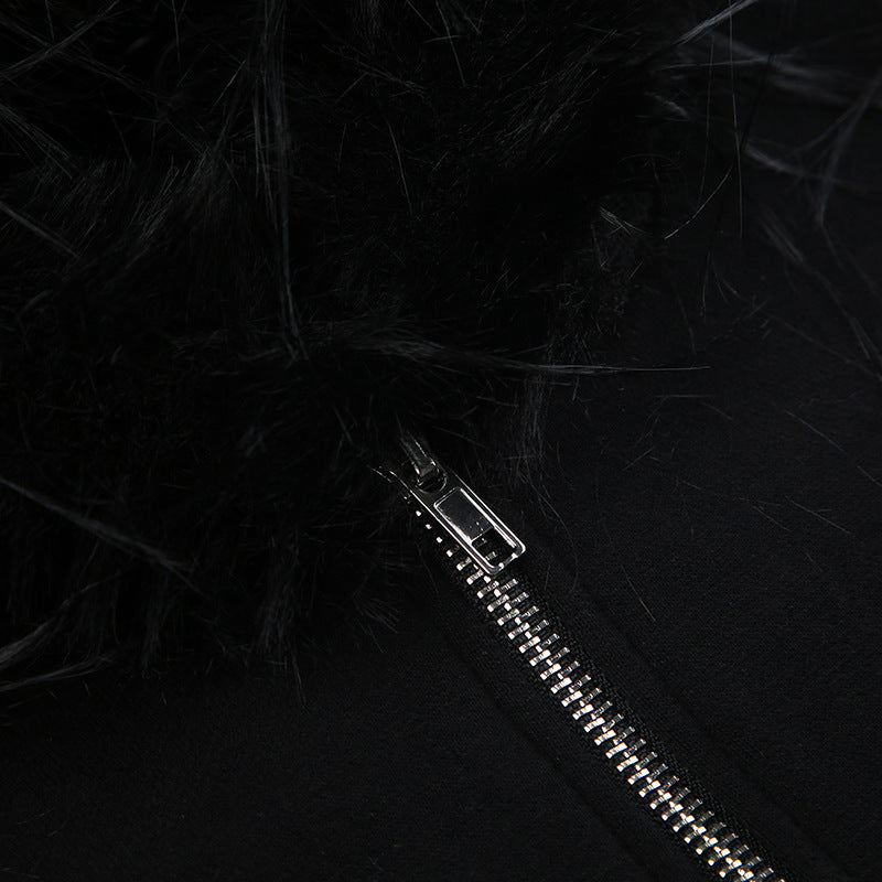 Zipper Split Print Plush Hoodie Black