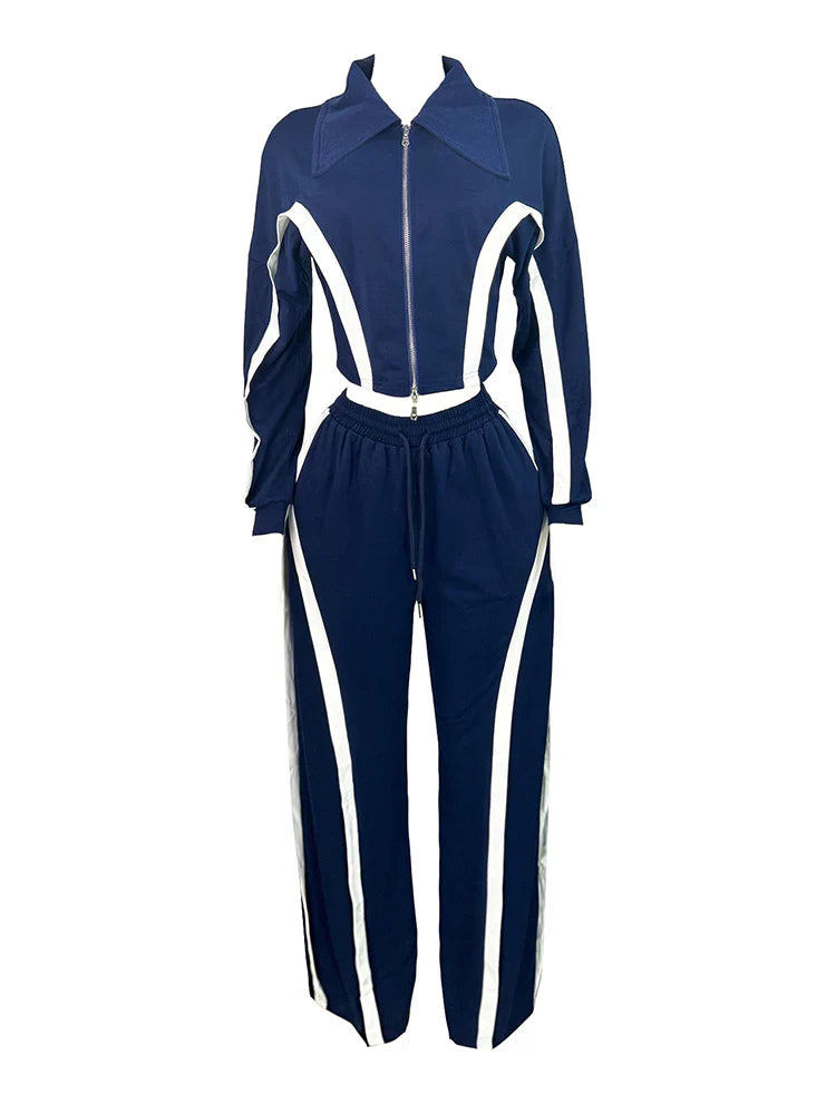 Contrast Zip-Front Jacket & Wide Pants Set