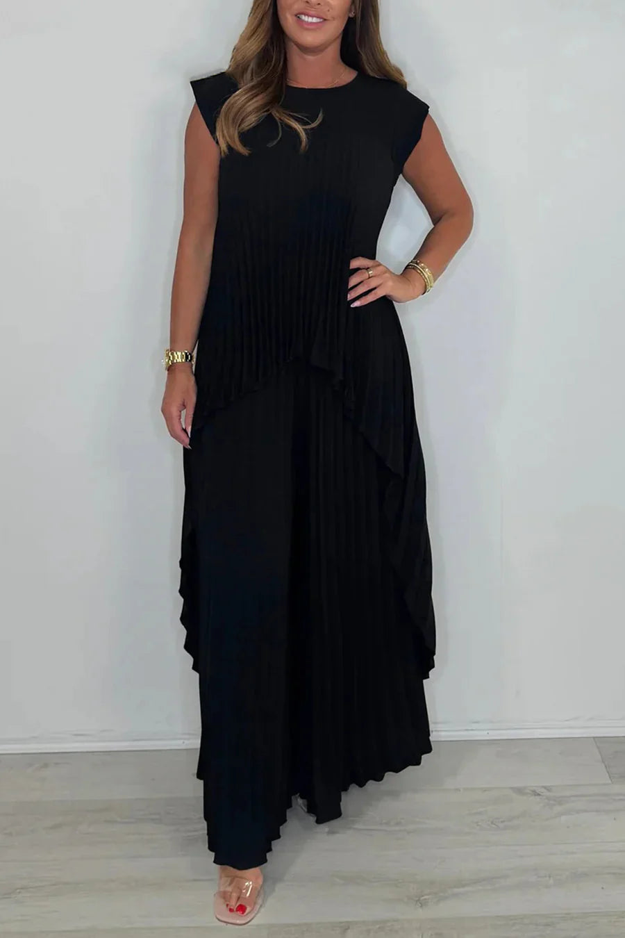 High-Low Pleated Tank Top Pants Sets
