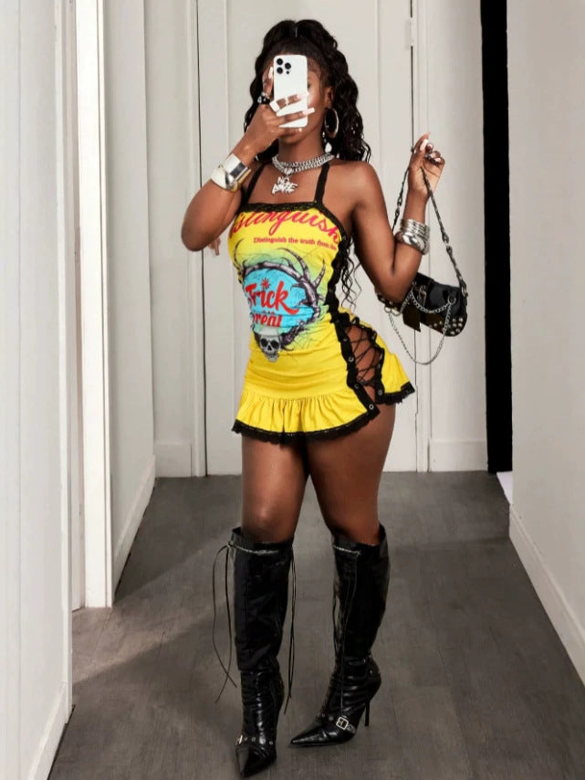 Skull Print Yellow Lace Ruffle Halter Mini Dress for Casual Wear