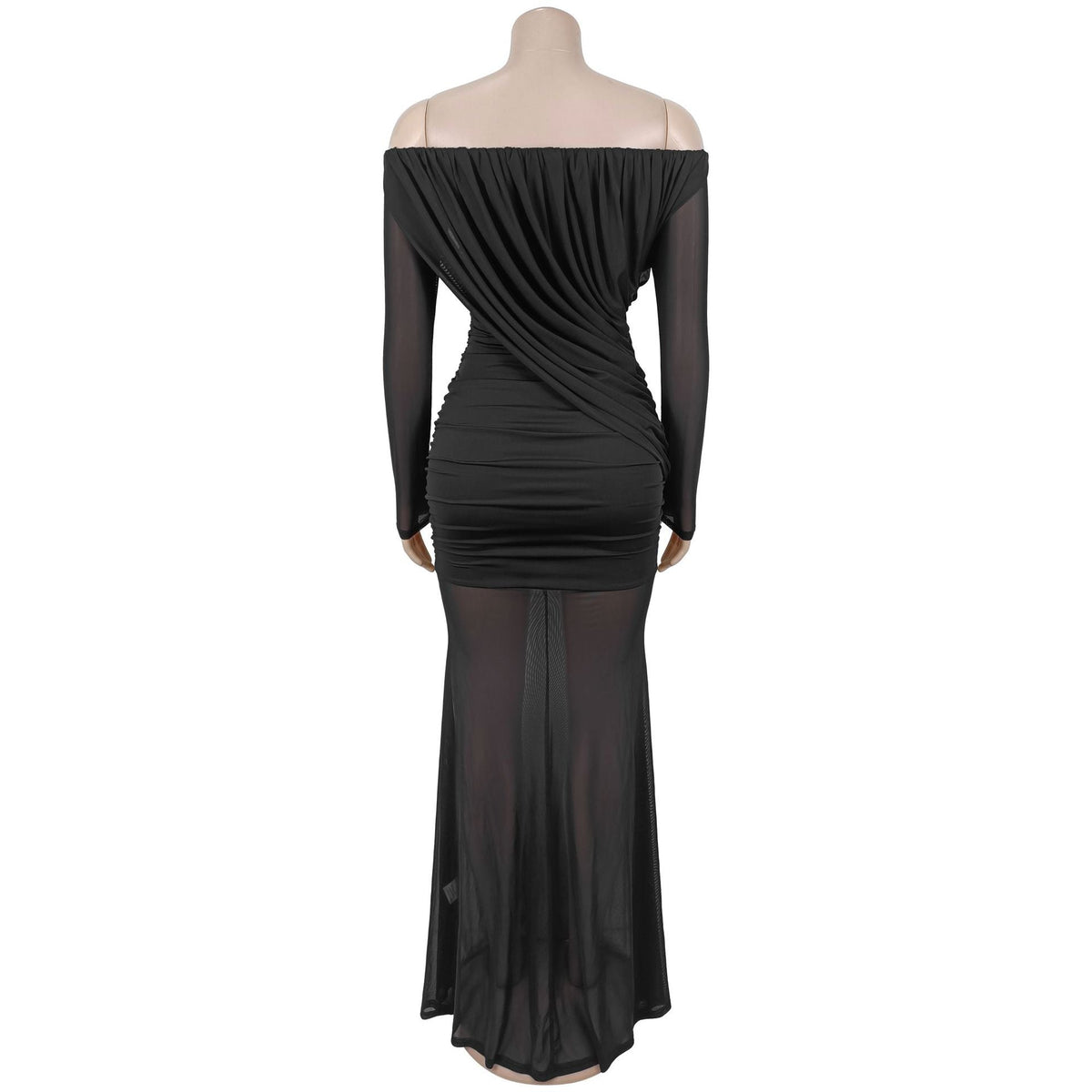 Mesh Off-Shoulder Ruched Long Sleeve Bodycon Dress for Formal Parties