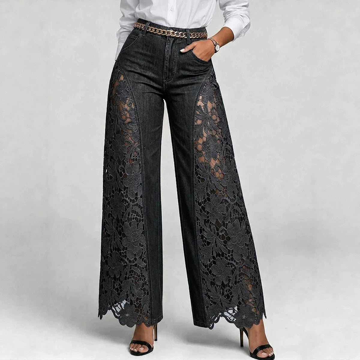 Patchwork Hollow-Out Floral Lace See-Through Bell Bottom Pants for Clubwear