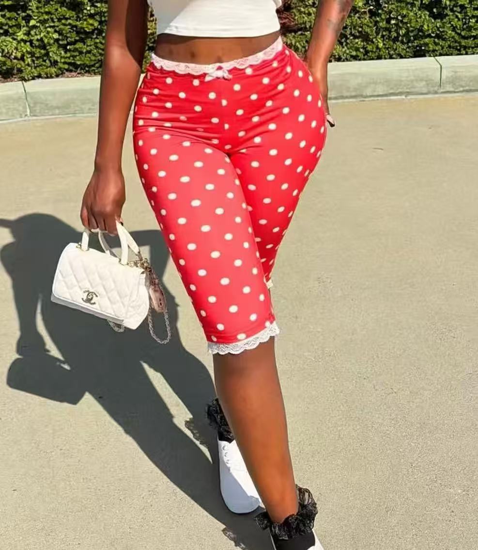 Polka Dot Print Lace Cropped Pants for Casual Wear