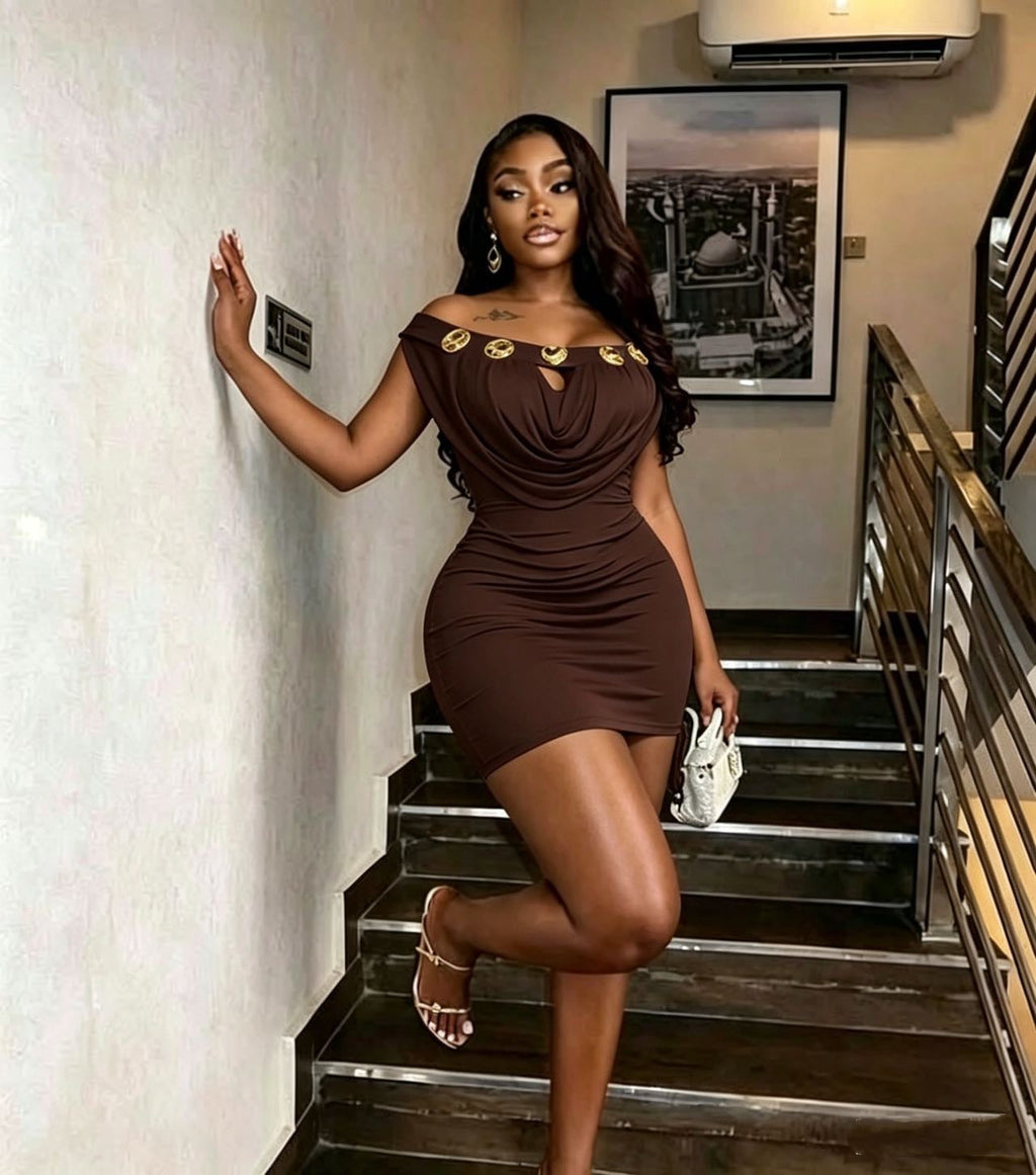Off-Shoulder Metal Buckle Bodycon Dress for Evening Parties