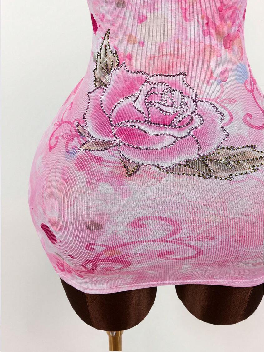 Pink Tie-Dye Beaded Cross Print Bodycon Dress for Party Wear
