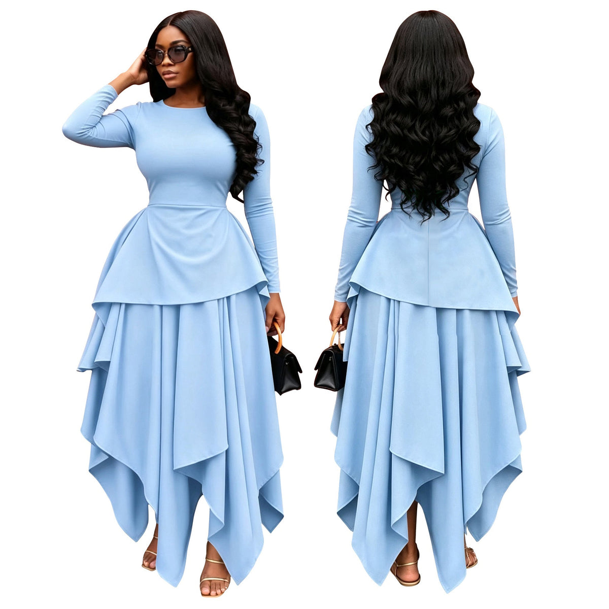 Round Neck Long Sleeve Ruffle Hem Irregular Flare Dress for Casual Wear