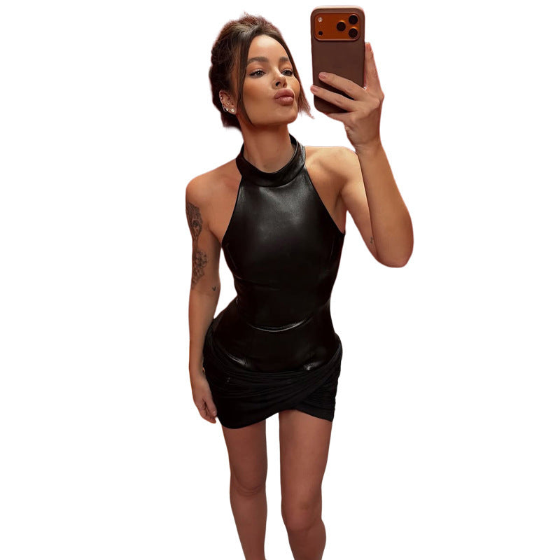 Stand Collar PU Leather Patchwork Sleeveless Bodycon Dress for Summer