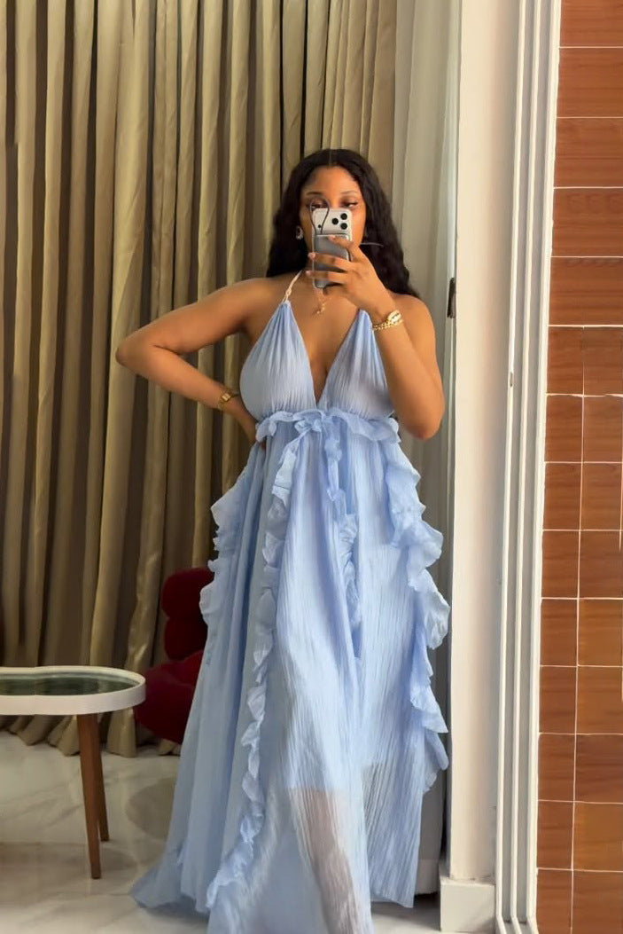 Blue Camisole Ruffled Maxi Dress for Summer Holidays