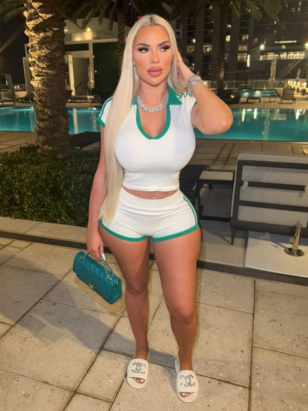 V-Neck Short-Sleeve T-Shirt & Shorts Two-Piece Set for Casual Wear