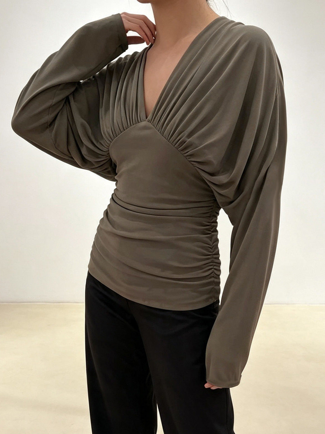 Deep V-Neck Long Sleeve Pleated Slim Waist Top for Evening Wear