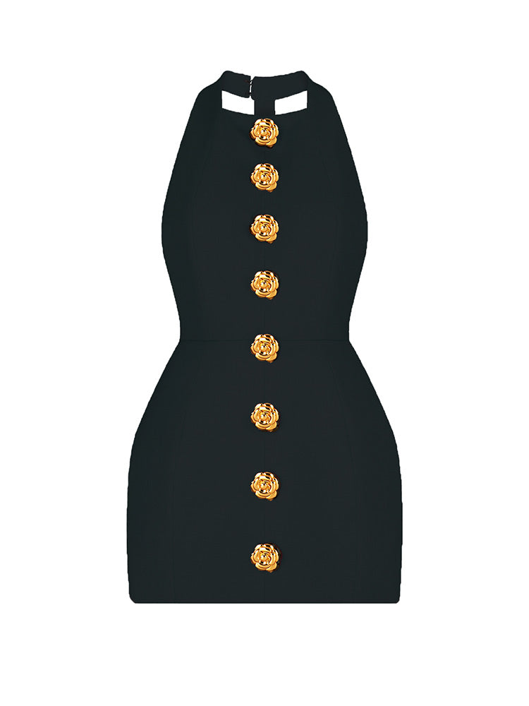 Halter Gold Button Mini Dress