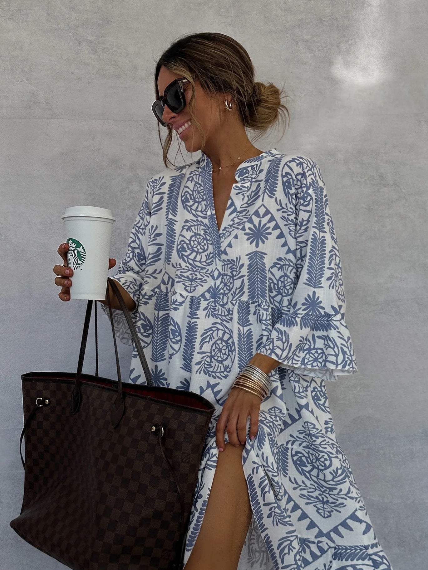 Printed Three-Quarter Sleeve Shirt Dress
