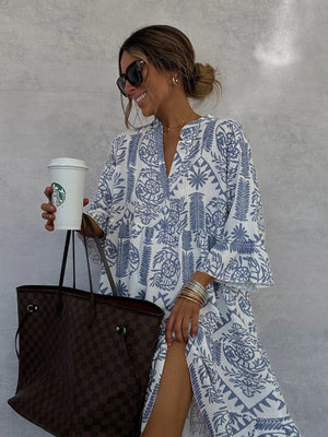Printed Three-Quarter Sleeve Shirt Dress