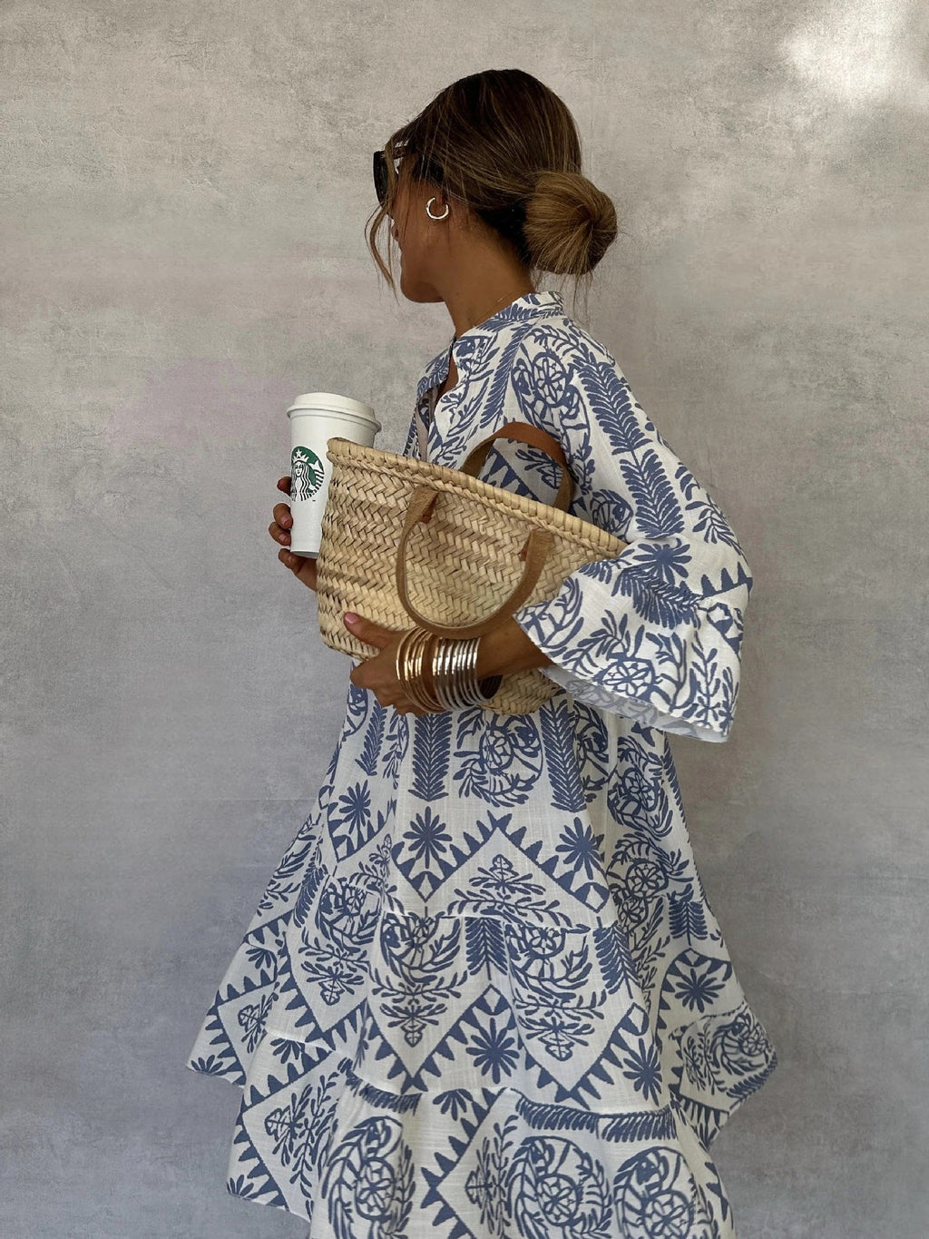 Printed Three-Quarter Sleeve Shirt Dress