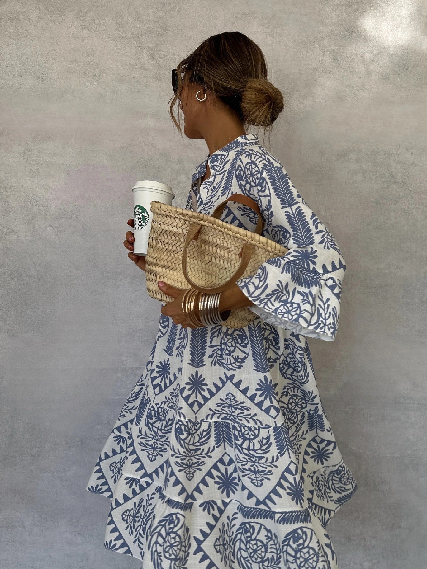 Printed Three-Quarter Sleeve Shirt Dress