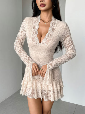 V-neck Double-Layer Ruffled Slim-Fit Bodycon Dress