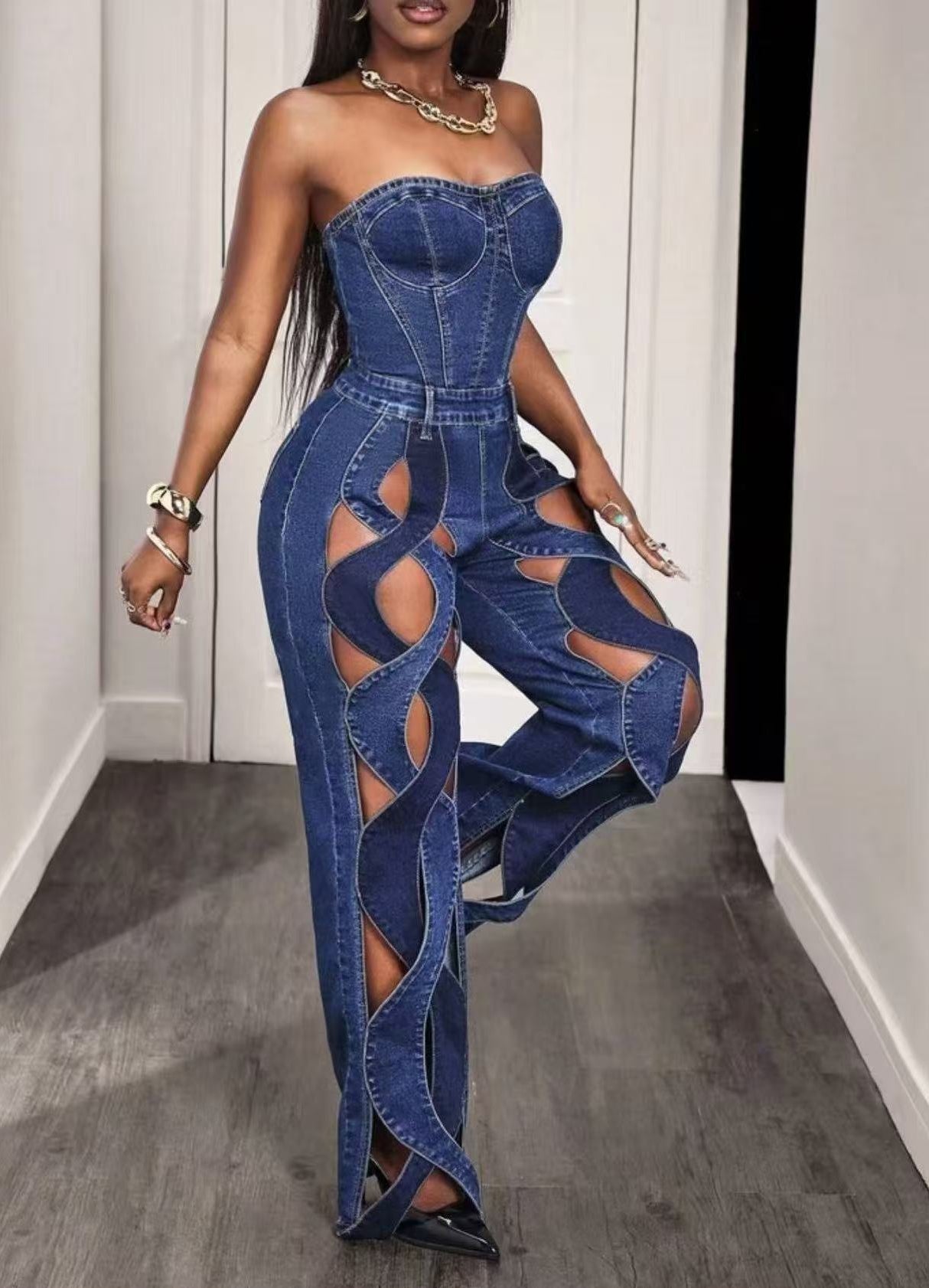 Straight-Leg Twisted Lace-Up Denim Jumpsuits