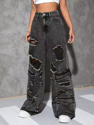 Solid-Color Distressed Denim Jeans