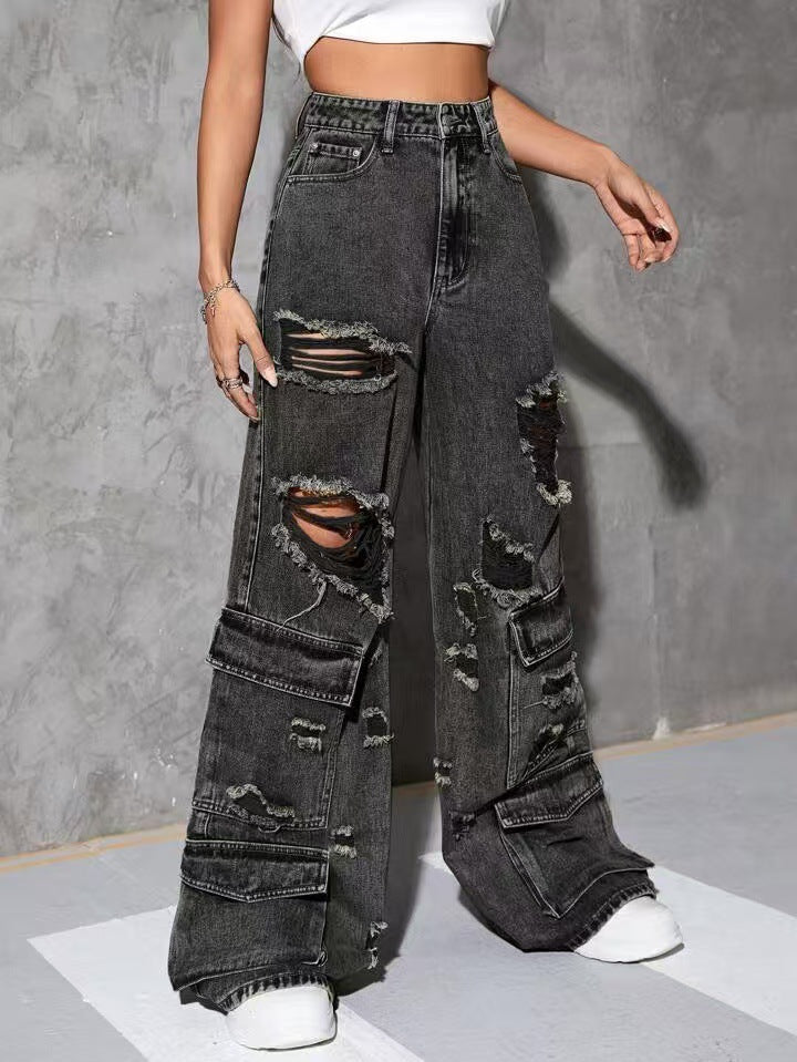 Solid-Color Distressed Denim Jeans