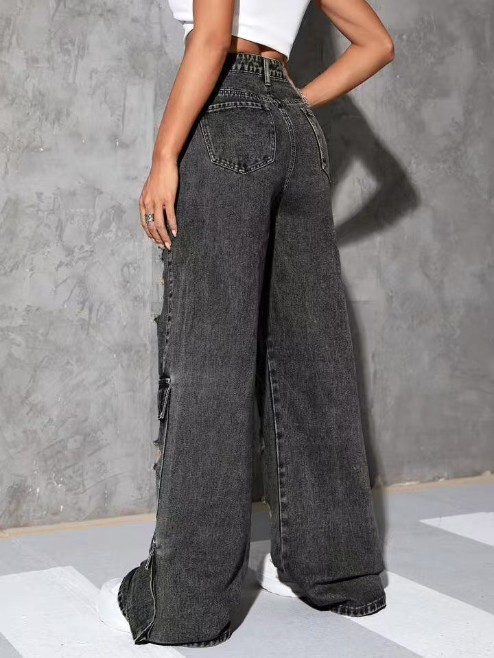 Solid-Color Distressed Denim Jeans