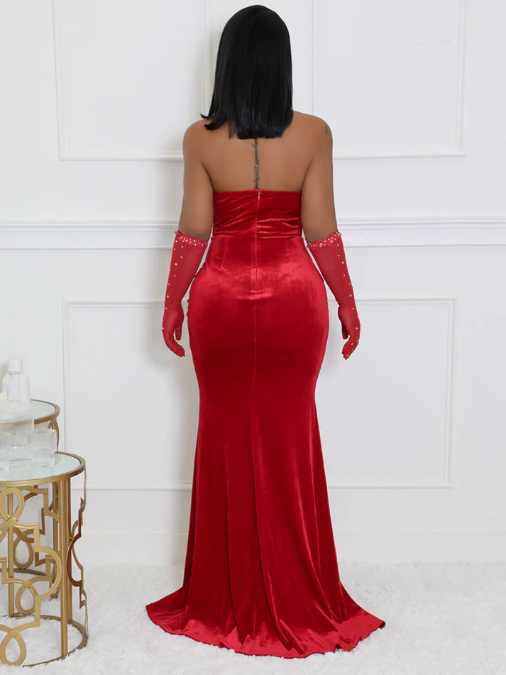 Velvet Rhinestone Slit Dresses