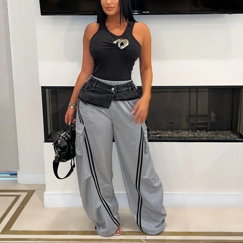 Denim Patchwork Relaxed Straight-Leg Pants