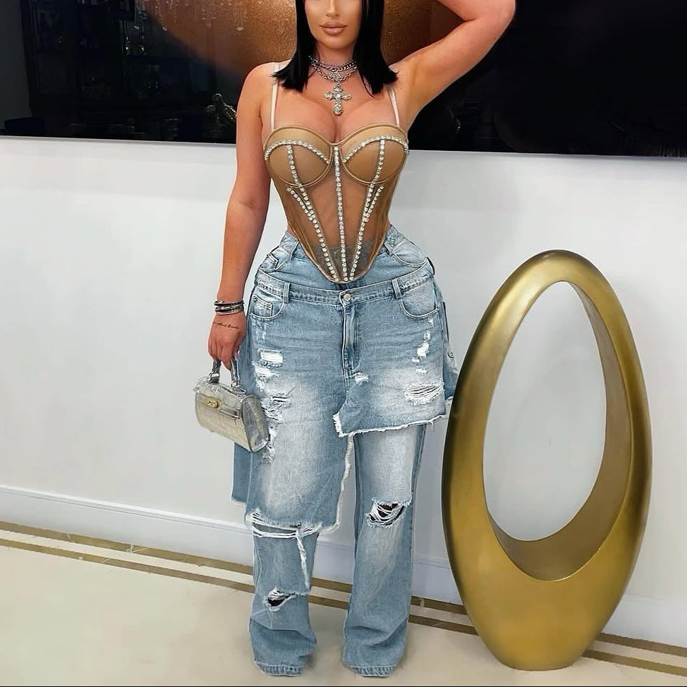 Distressed Patchwork Decorative Jeans