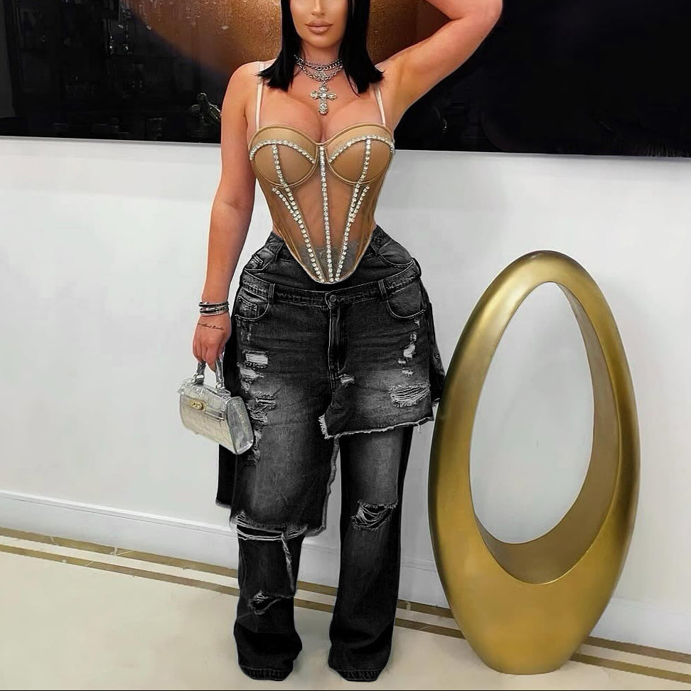 Distressed Patchwork Decorative Jeans