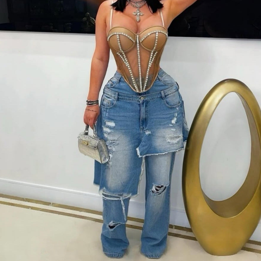Distressed Patchwork Decorative Jeans