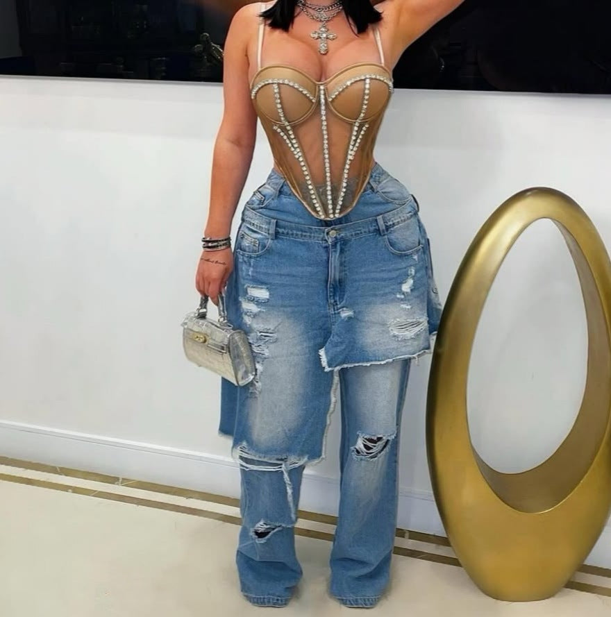 Distressed Patchwork Decorative Jeans