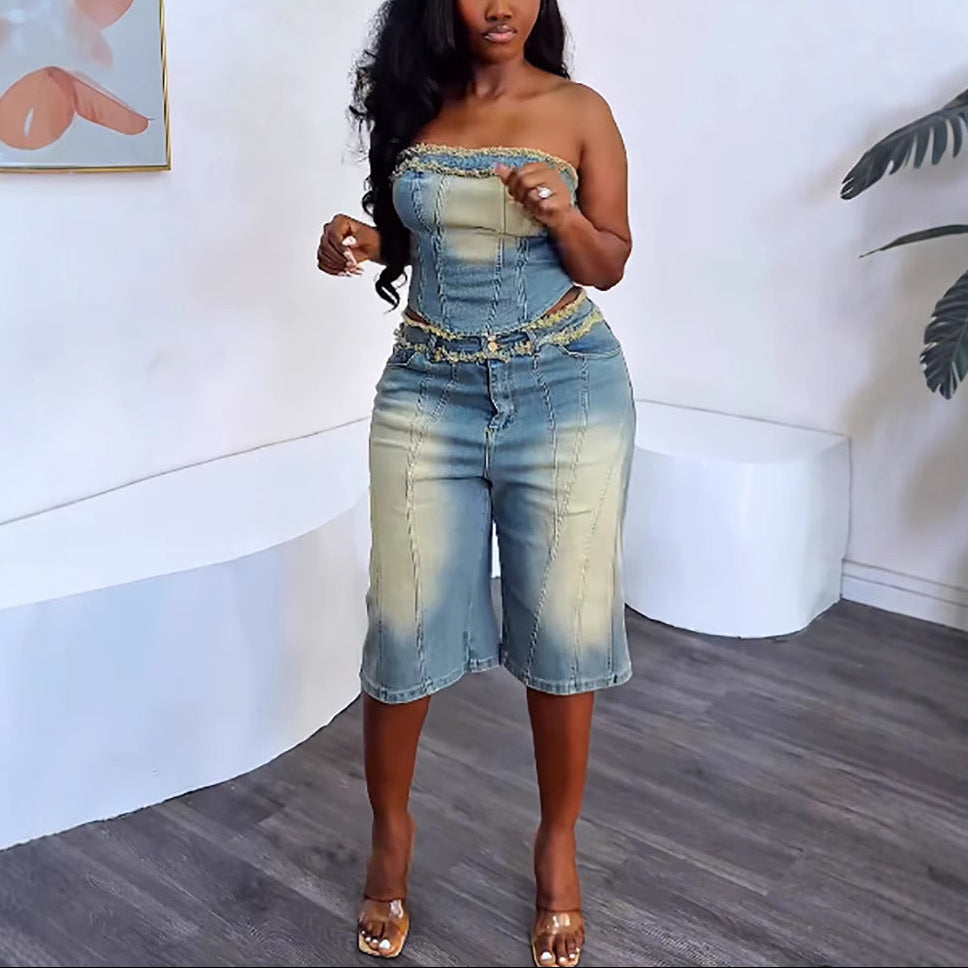 Frayed Top with High-Waisted Denim Shorts Sets
