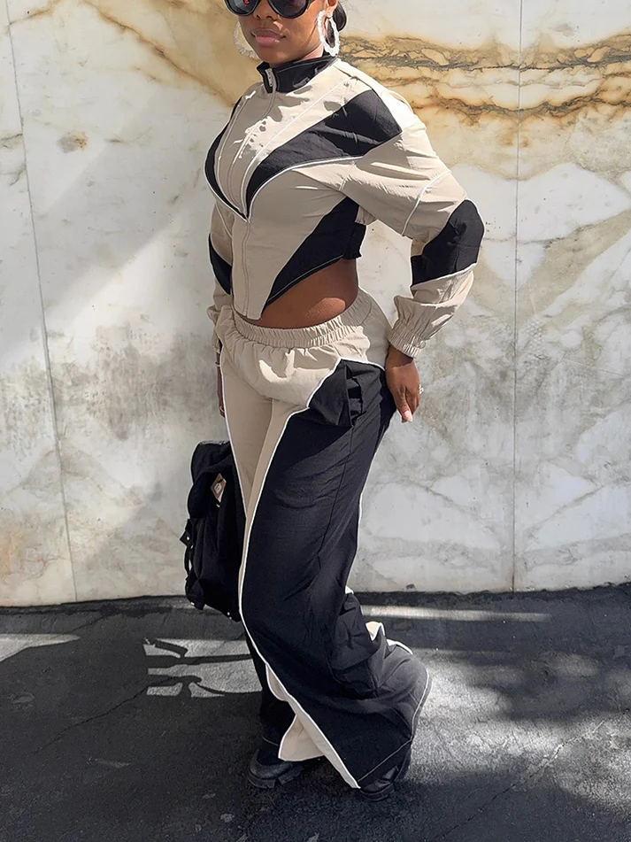 Colorblock Cropped Jackets and Track Pant Sets