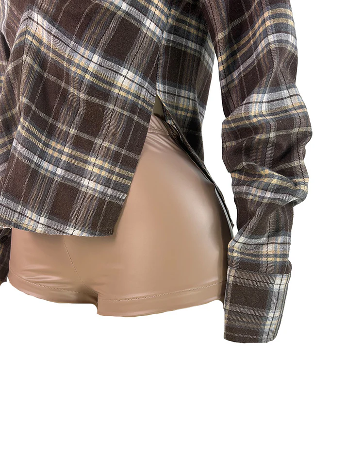 V-neck Plaid Slit Blouses