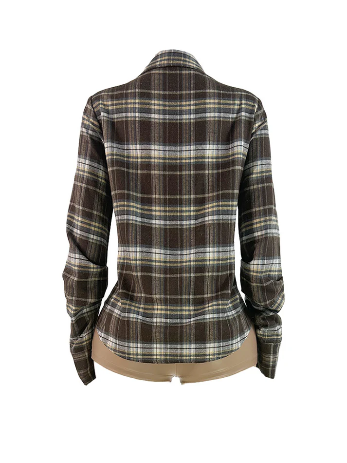 V-neck Plaid Slit Blouses