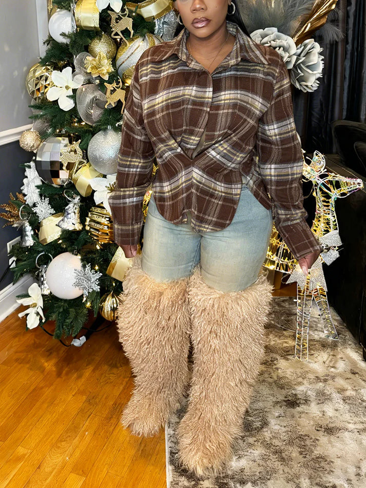 V-neck Plaid Slit Blouses