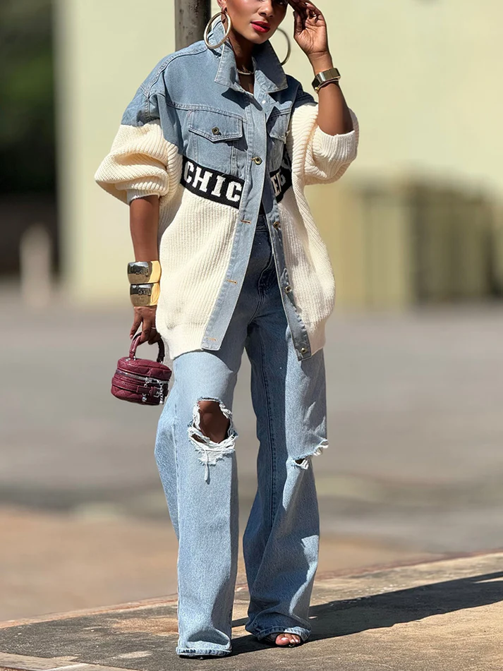 Chic Knit Denim Contrast Jackets