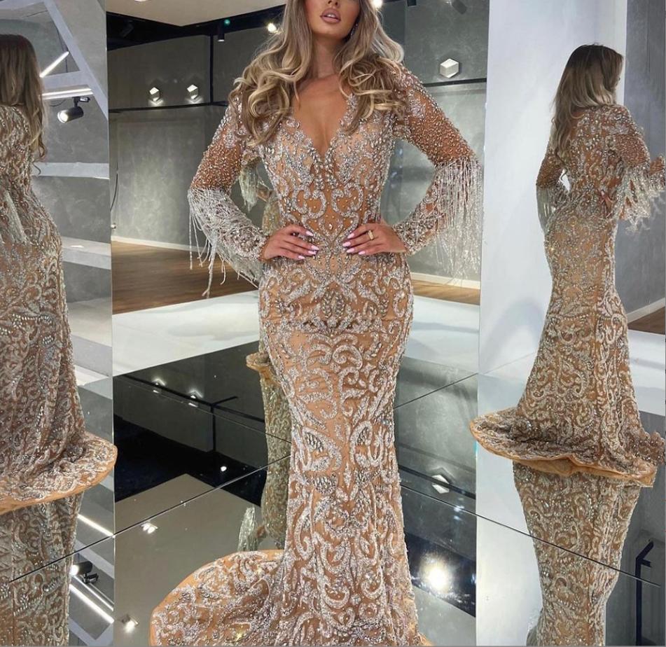 Fishtail Gilded Tassel-Trimmed Long Dresses