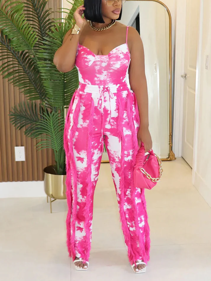Tie Dye Bodysuit And Fringe Pants Sets