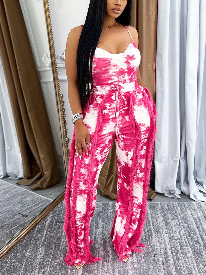 Tie Dye Bodysuit And Fringe Pants Sets