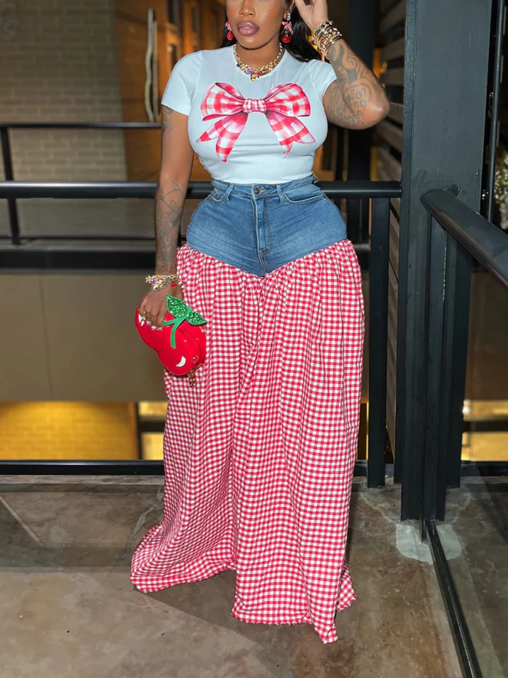 Bow Printed Tops And Denim Gingham Pants Sets