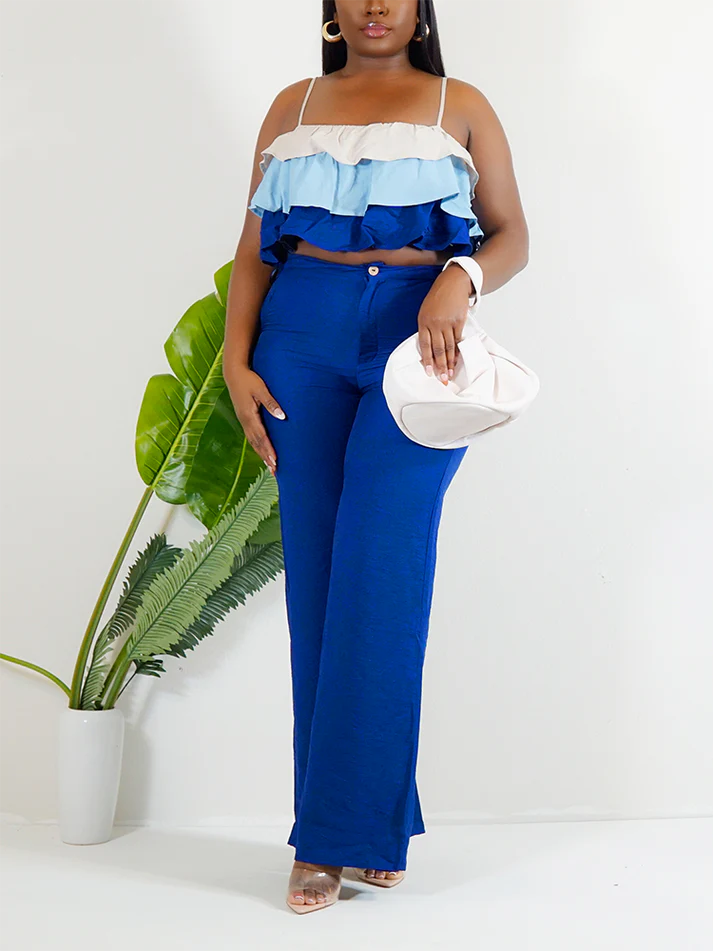 Ruffle Crop Tops And Wide-Leg Pants Sets
