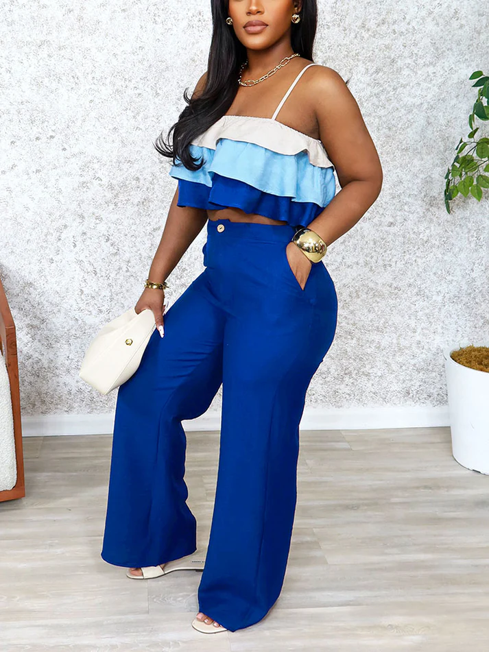 Ruffle Crop Tops And Wide-Leg Pants Sets