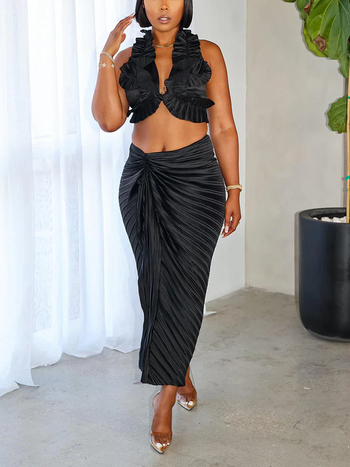 Satin Ruffle Crop Top And Skirt Sets