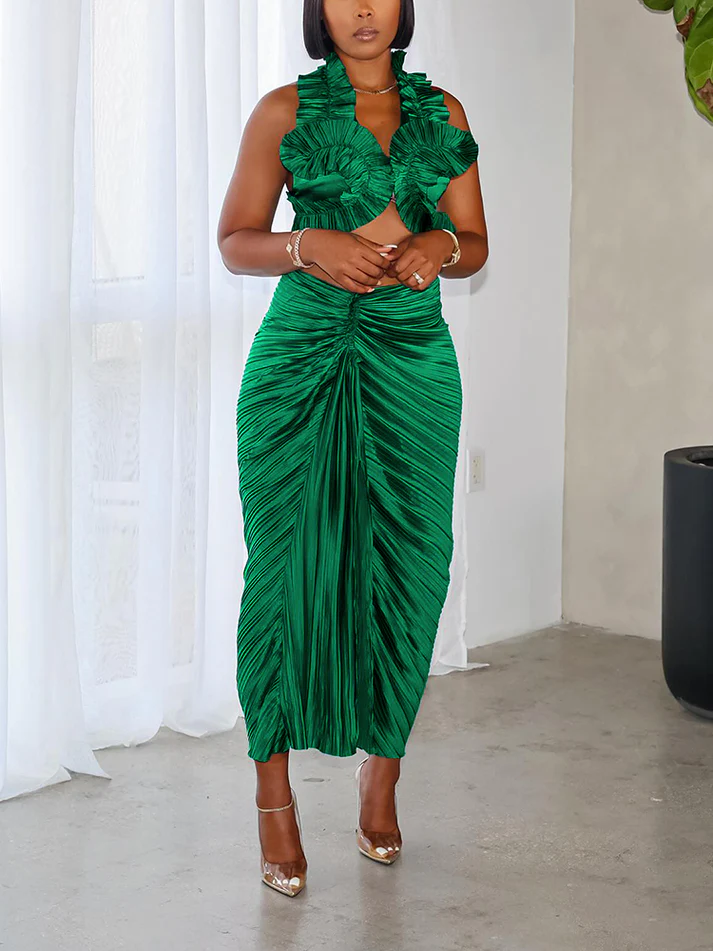 Satin Ruffle Crop Top And Skirt Sets